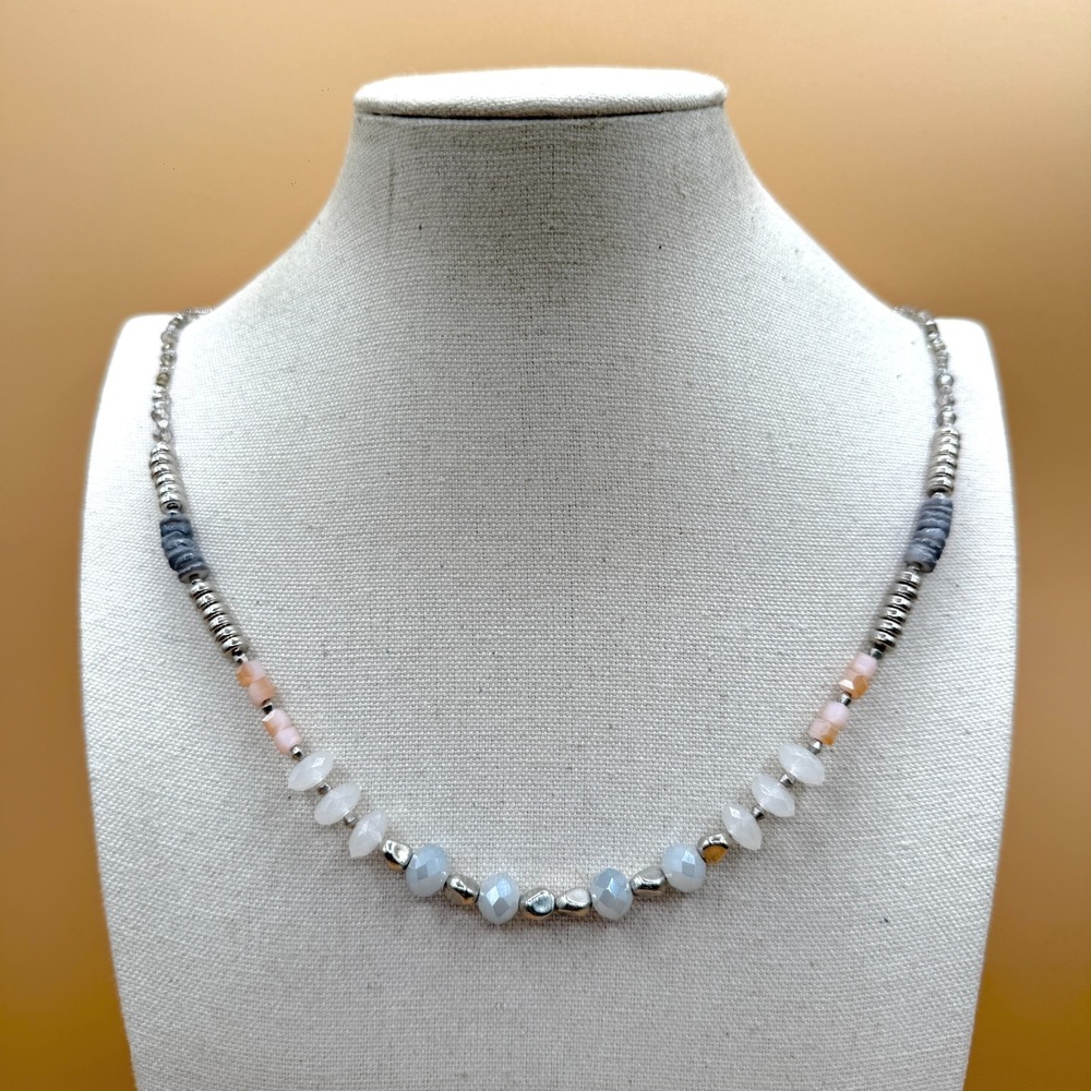 Pastel Faceted Bead Necklace Silver Tone Pink Blue Boho Minimalist Layering Gift